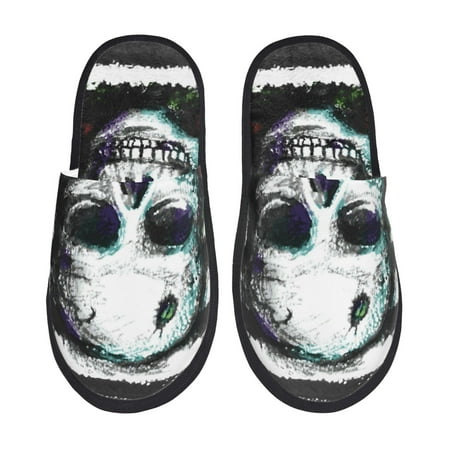Balery Watercolor Skull Slient Indoor Furry Fleece Comfort House Shoes Soft Non-Slip Home Shoes Cotton slippers House Slippers-- Medium