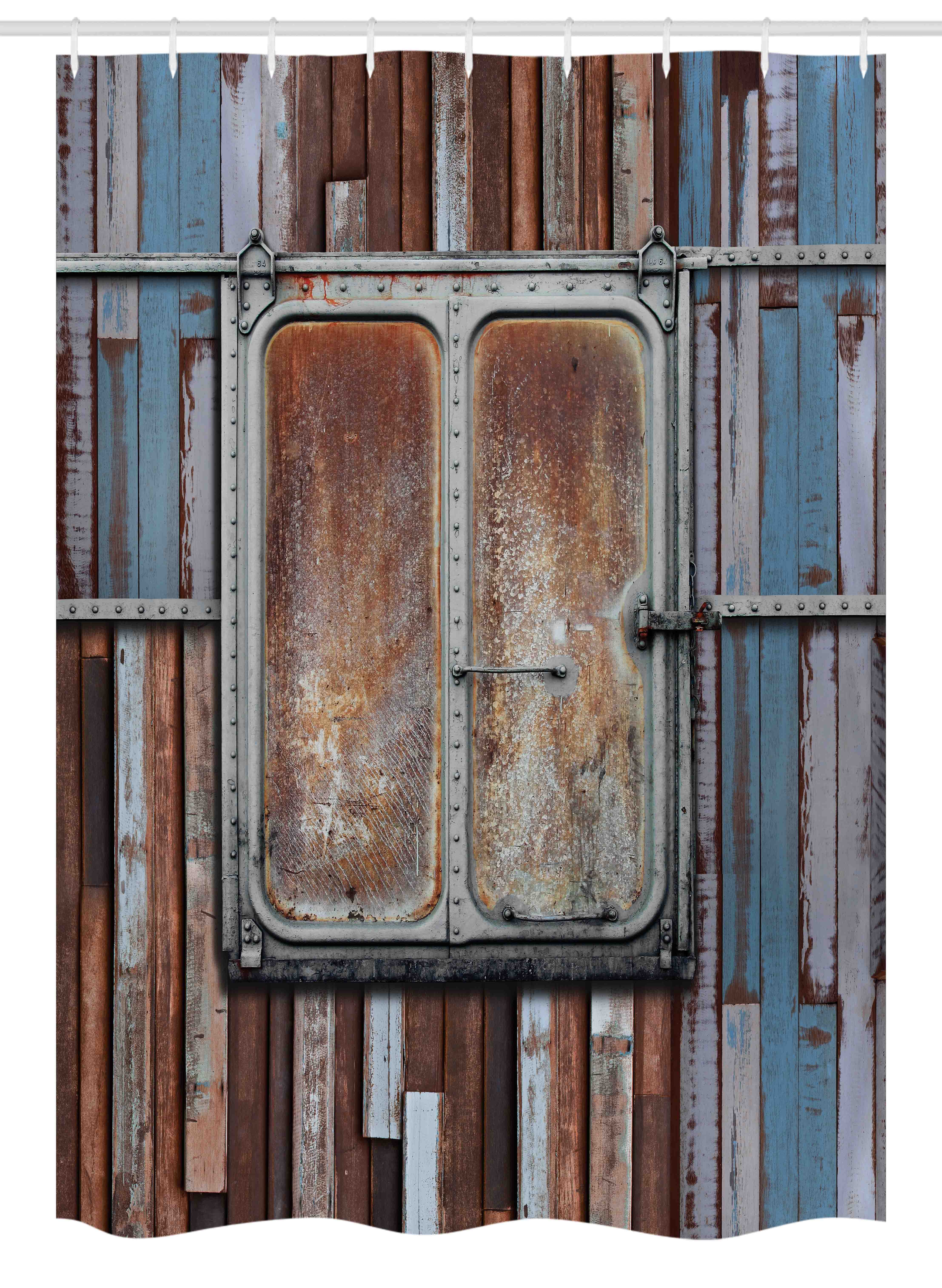 Rustic Stall Shower Curtain, Wooden Colored Planks with Old Rusty Metal