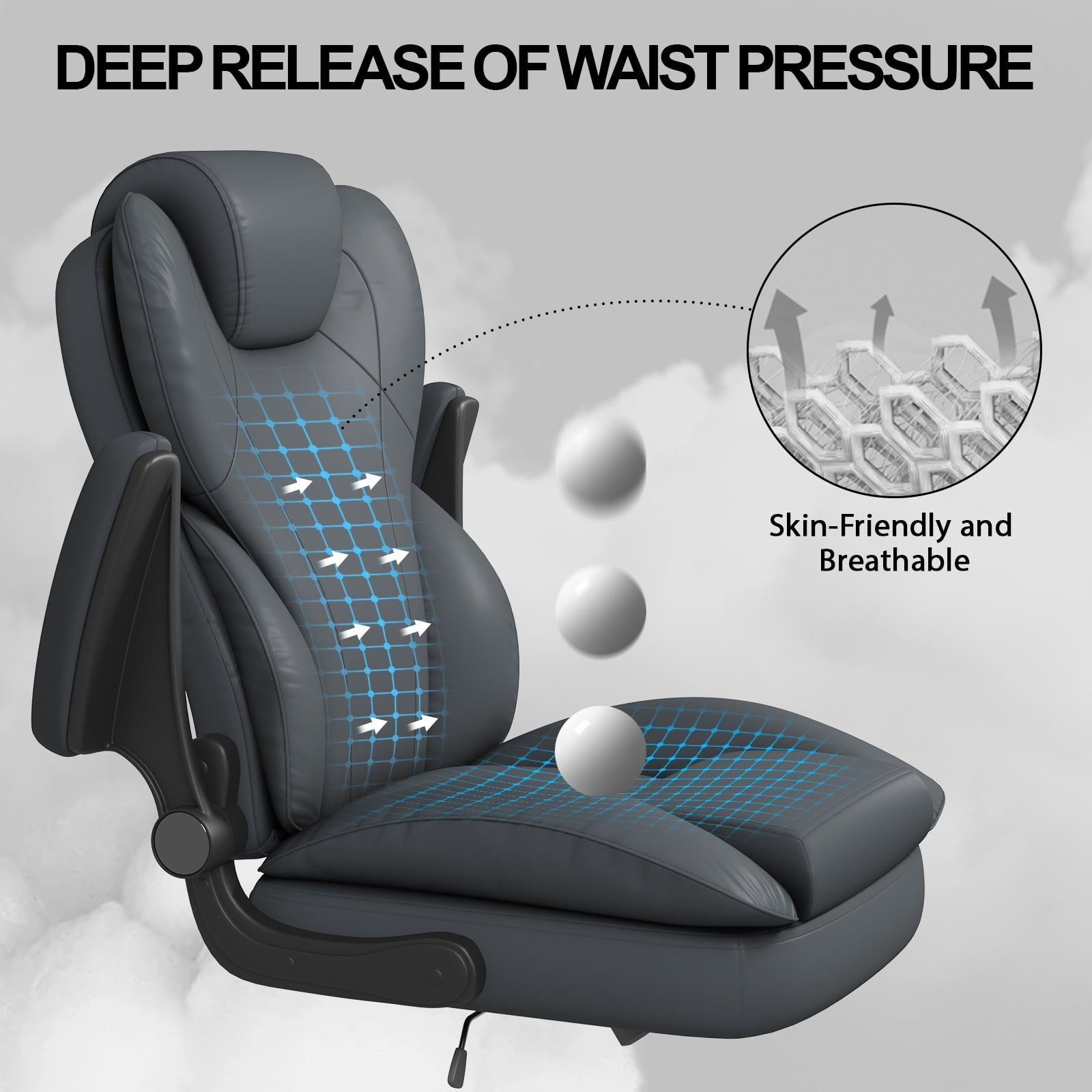 Hovos Big and Tall Office Chair with Flip-up Arms, Ergonomic Home Computer Desk Leather Chair, 360° Swivel Computer Desk Chair, Quiet Nylon Wheels, Gray