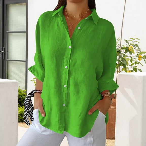 Fshiont Linen Button Down Shirt Womens Lapel Collar Plus Size 3/4 Sleeve Tunic Tops Trendy Dressy Business Casual Work Blouse Lightweight Vacation Petite Loose Gauze Tee Green XL