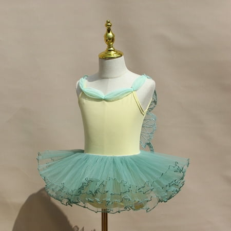 Child Girls Ballet Butterfly Dancewear Leotard Gym Train Sleeveless Bodysuit Cute Backless Performance Costumes (Yellow set 120cm)
