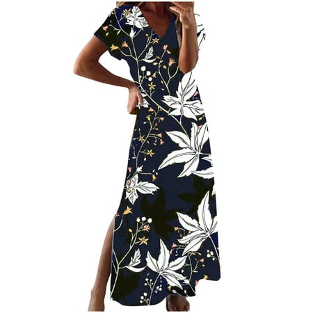 

Juebong Women Fashion Casual Sexy Floral Print Short Sleeve Round Neck Beach Long Dress