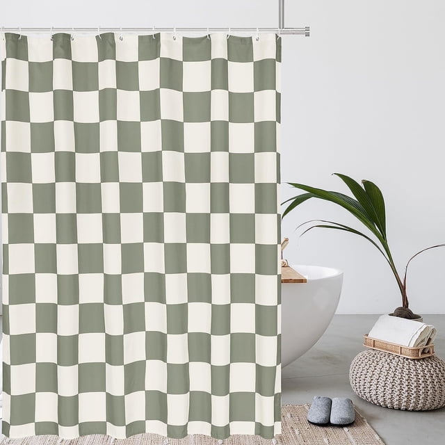 Aesthetic Checkerboard Grid Pattern Shower Curtain, Beige Sage Green Modern Shower Curtain Sets Decoration 71x84 Inch with plastic hooks