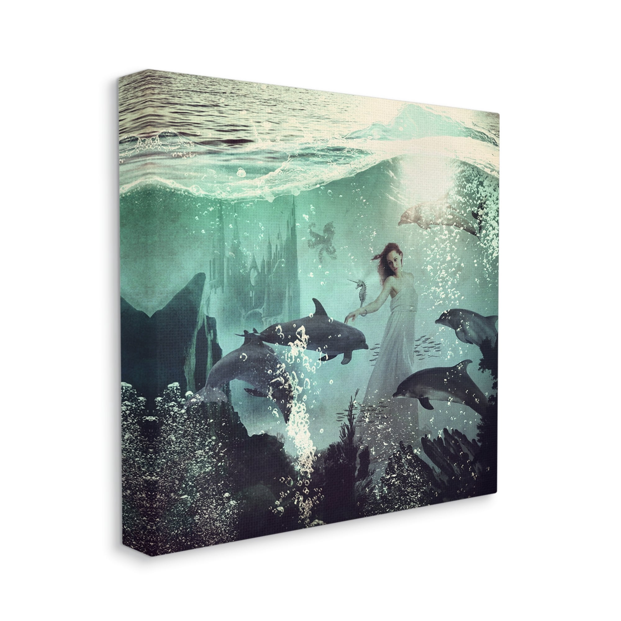 Stupell Industries Surreal Woman Underwater Dolphins Splashing Bubbles Canvas Wall Art, 17 x 17, Design by Paula Belle Flores