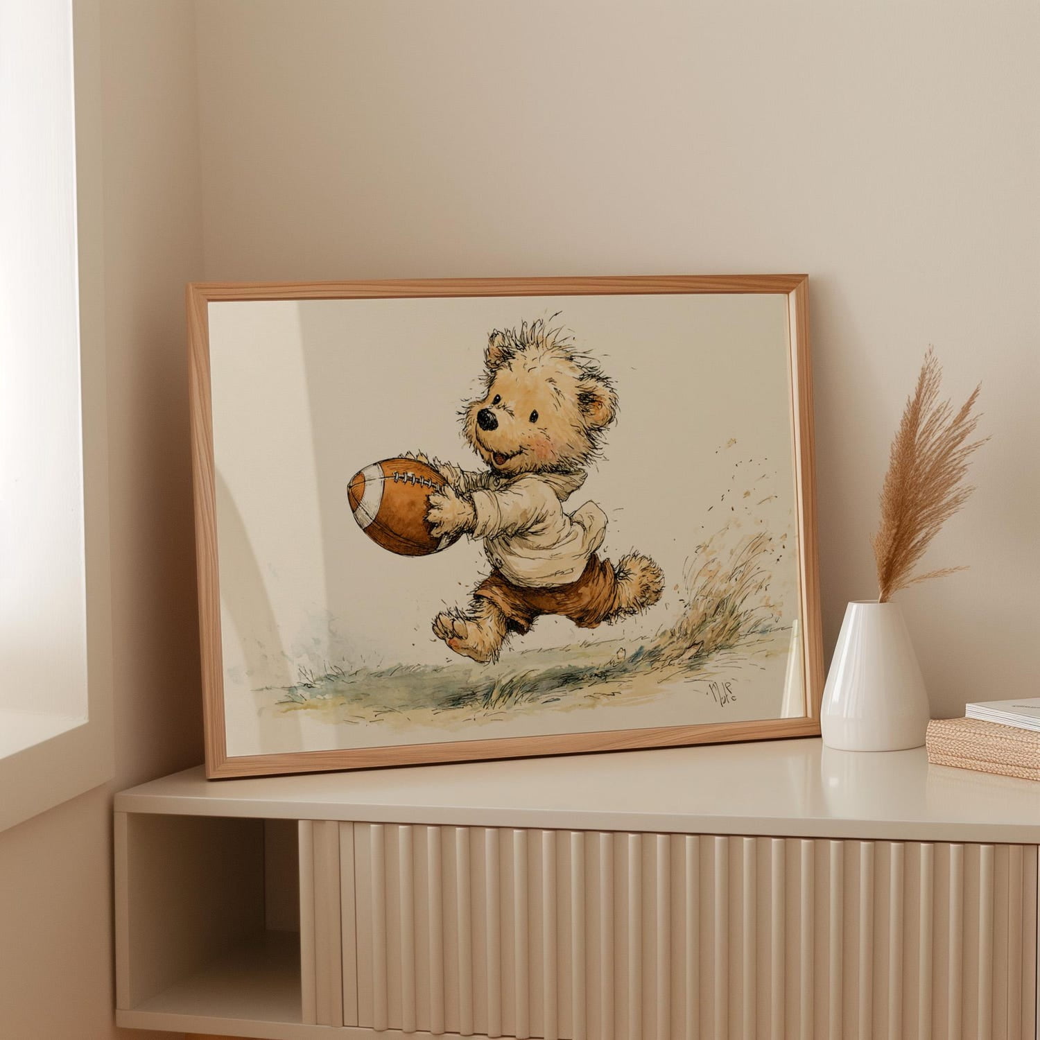 Cute Football Bear Wall Art, Whimsical Sports Nursery Decor, Playful Animal Illustration for Kids Room, Gift for Baby Boy or Girl, wall decor, home decor