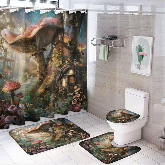 Rustic Enchanted Forest Mushroom Cabin 4 Pcs Shower Curtain,Abstract Gnome Colorful Mushroom Butterfly Shower Curtain Set Non-Slip Rugs Toilet Lid Cover Bath Mat 12 Hooks