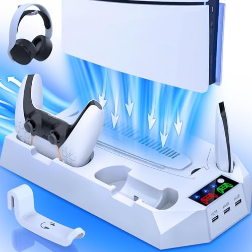 PS5/Slim/Pro Cooling Station for PlayStation 5 Console Disc/Digital Edition - PS5 Slim Pro Cooling Stand with Controller Charging Station Accessories-Cooler Fan/Headset Holder/3 USB Hub,White