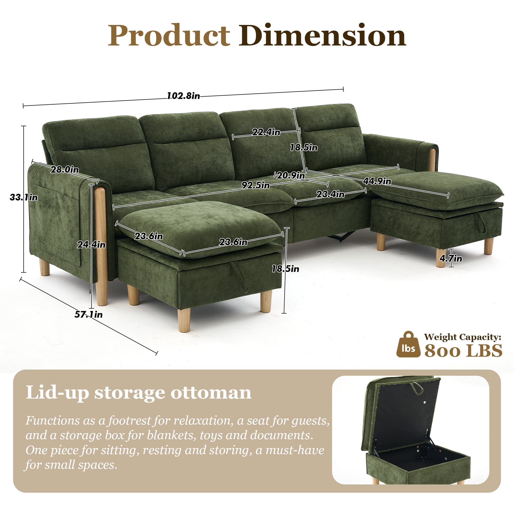 MOONMISS 4-Seater Chenille Sectional Sofa with 2 Storage Ottoman & Side Pocket Convertible Chaise Lounge for Living Room,Olive