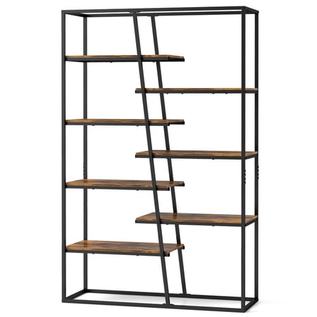 Furnibear Bookshelf 71-Inch 7-Tier Industrial Etagere Bookcase with Heavy-duty Metal Frame Freestanding Display Storage Organizer Shelf for Living Room Bedroom Home, Rustic Brown