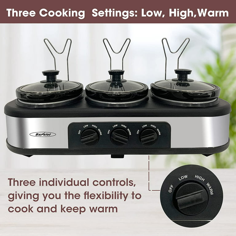 Triple Slow Cooker with Non-Skid Feet, 3x1.5 qt Slow Cooker Buffet Server, 3 Pots