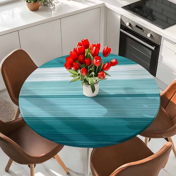 Turquoise Elastic Fitted Round Tablecloth Gradient Color Stripe Waterproof Outdoor Table Cover for Holiday Party, Picnic, Patio & Dining Fits Tables Up to 55"-60"