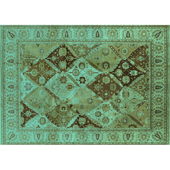 Ahgly Company Machine Washable Indoor Rectangle Oriental Turquoise Blue Industrial Area Rugs, 8' x 10'