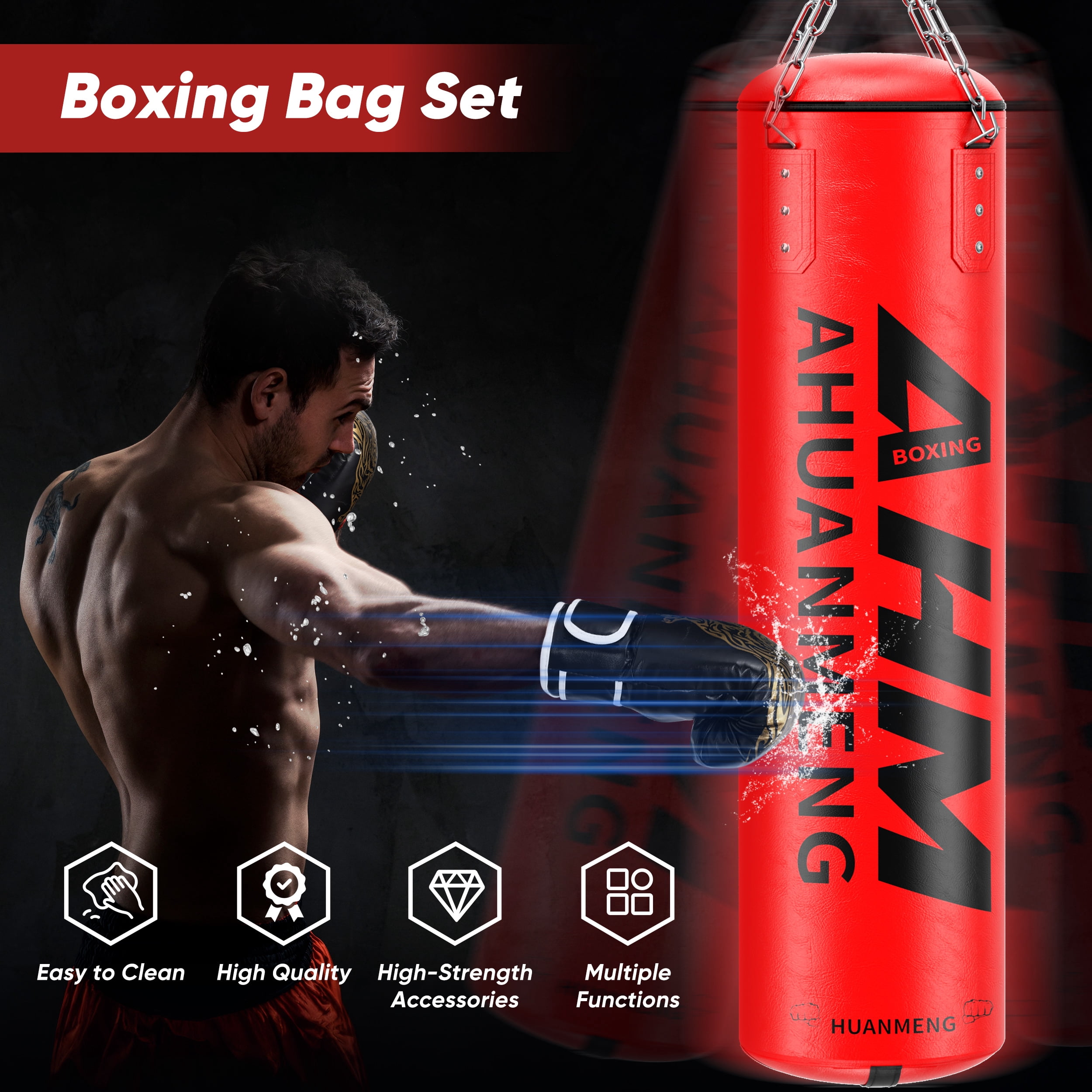 Doulami Punching Bag for Adults 4FT PU Heavy Boxing Bag Set Hanging Boxing Kit w/ Gloves, Red