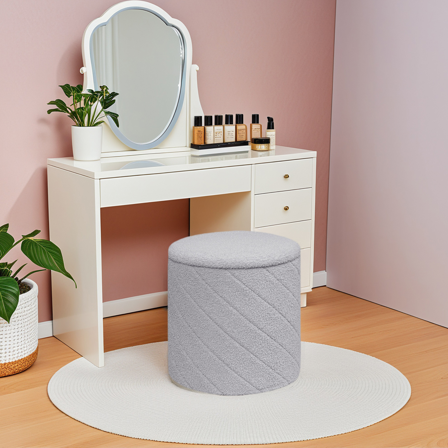 PINPLUS 16.9" Storage Ottoman with Tray Collapsible Foot Rest Stool Seat for Living Room Grey,Sherpa Fabric