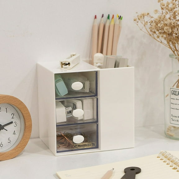 Qonioi Multi-Functional Desk Organizer, 12x12cm Plastic Pencil Holder with Drawer, Desktop Stationary Storage Container