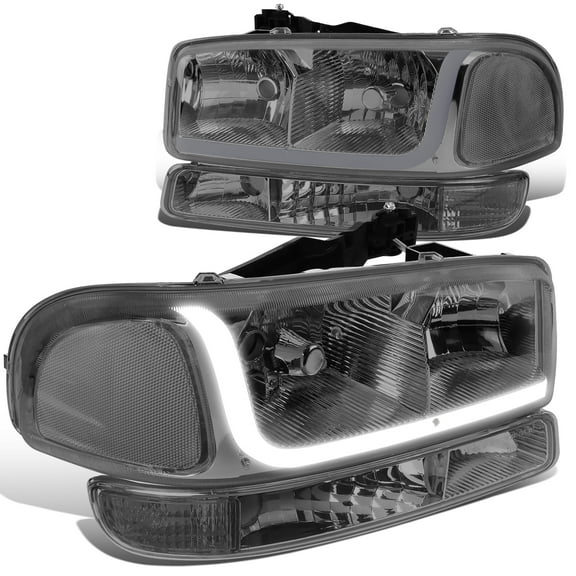 DNA Motoring For 99-07 GMC Sierra Yukon LED DRL Headlight w/Bumper Signal Lamp Pair Smoked Clear