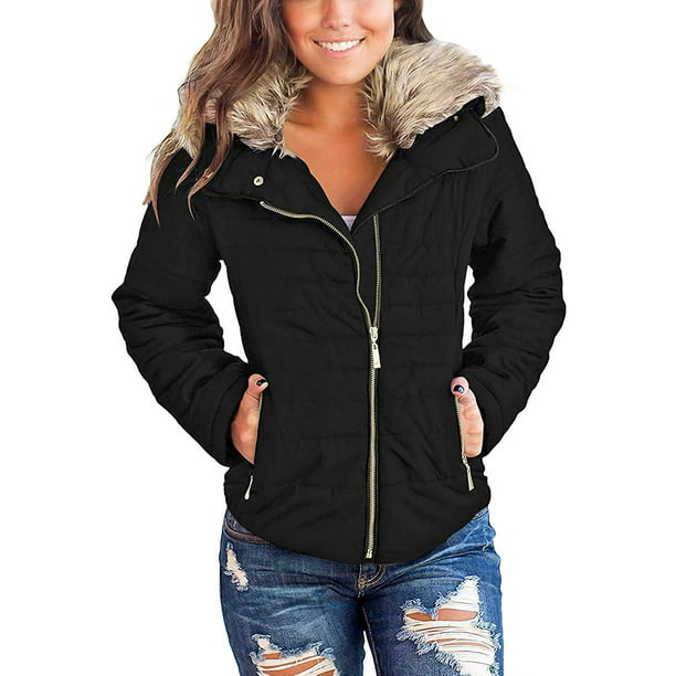 Vetinee Women Parka Jacket Faux Fur Lapel Zip Pockets Quilted Puffer Coat,  Size S-2XL - Walmart.com