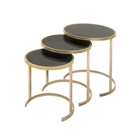 DecMode 14" x 17" Gold Metal Round Nesting Accent Table with Black Glass Top, 3-Pieces