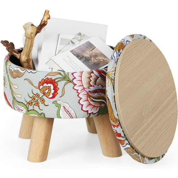 round Ottoman with Storage, Versatile Foot Stool with Hidden Compartment, Boho Foot Stool Ottoman with Hidden Storage,Cotton Fabric Footrest with Solid Wood Legs for Living Room, Bedroom, Entryway