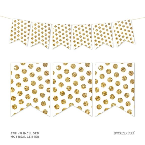 White Pennant Party Banner Gold Glitter Polka Dots