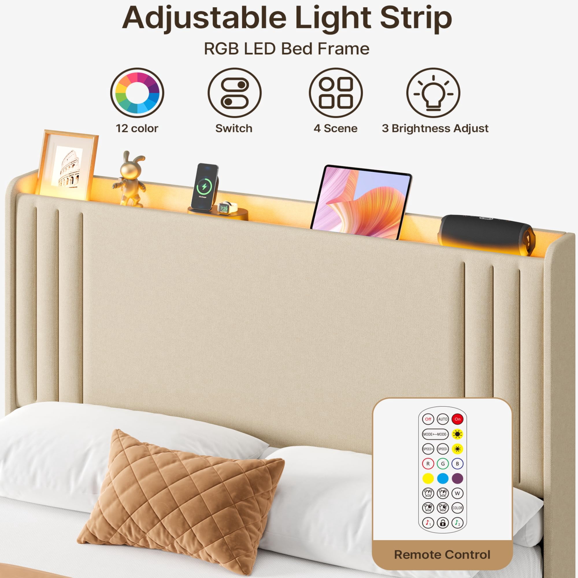 Full Upholstered Platform Bed Frame with Charging Station & LED Lights, Wingback Headboard, Wood Slat Support, Noise-Free, No Box Spring Needed, Beige