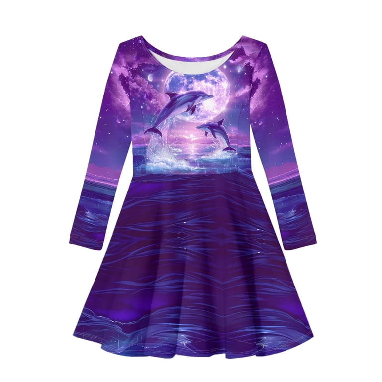 DISNIMO Girls Dolphin Dress Kids Galaxy Dress for Girls Long Sleeve Twirl Dresses for Girls Purple Midi Dress Children Girls Travel Dress Casual Girl Fall Long Sleeve Dress for Girls 11-12 Dresses