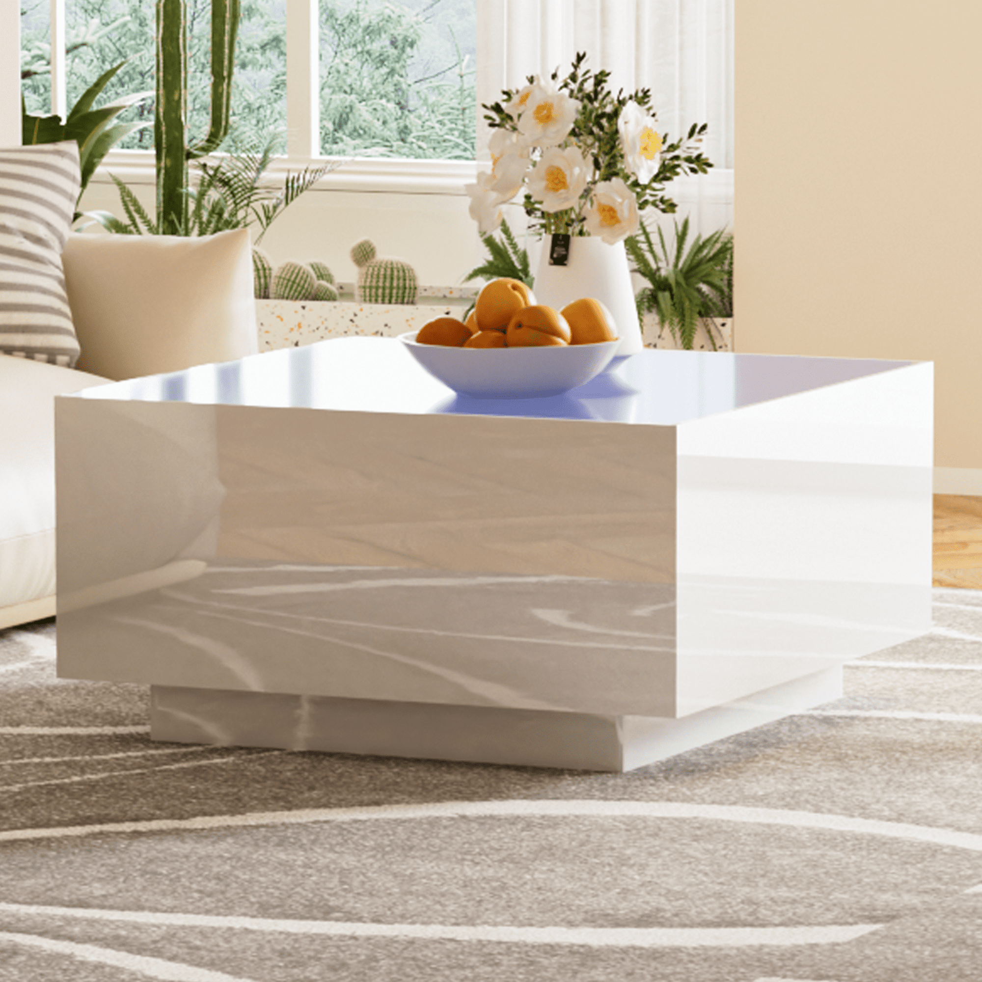 MAYEERTY Square High Glossy Coffee Table with 16-Color LED Strip Lights, Modern Center Table with 5mm Frosted Tempered Glass Top for Living Room, White, 27.5*27.5in