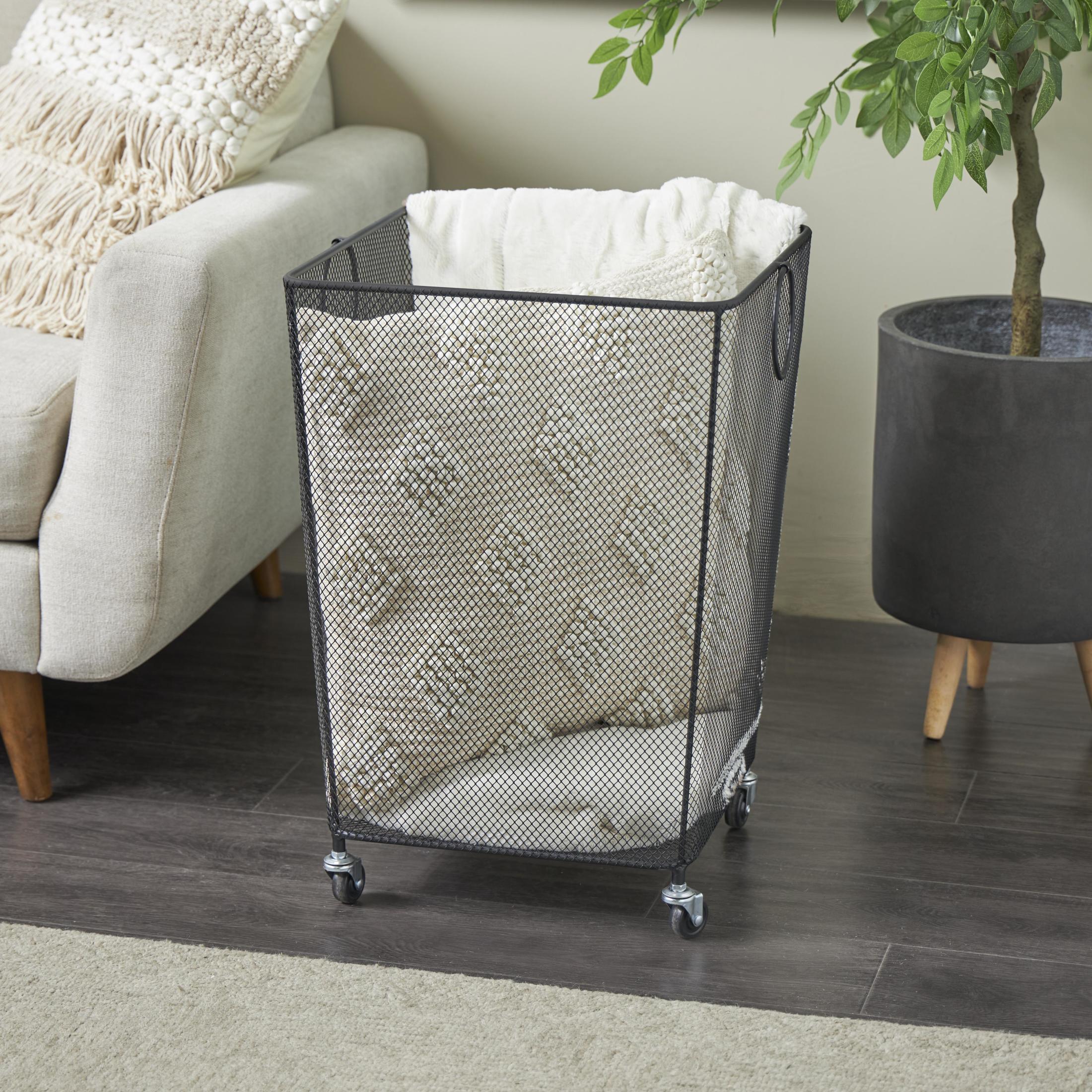 DecMode Black Metal Square Mesh Wire Rolling Laundry Storage Cart with Ring Handles