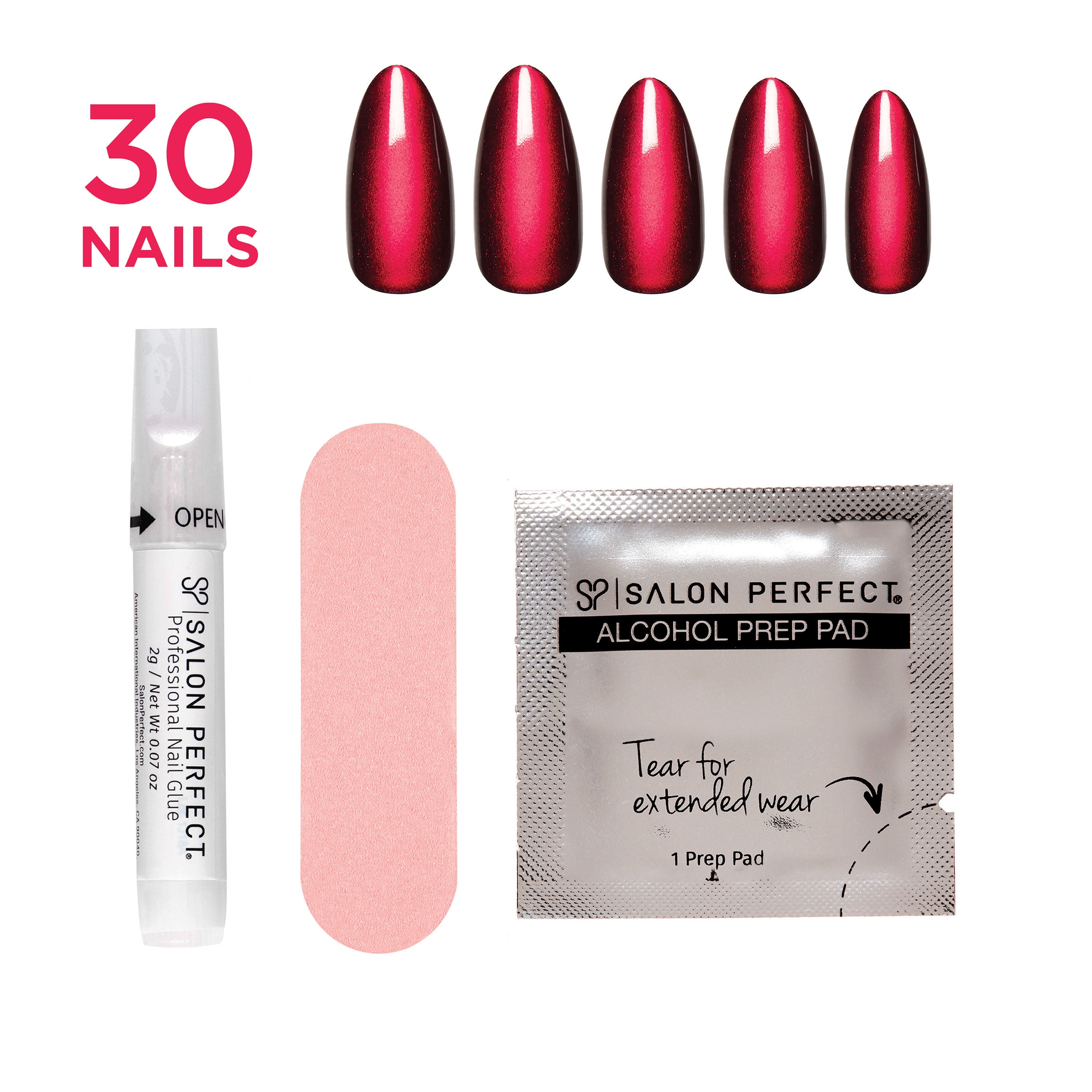 Salon Perfect Halloween Thrill Medium Almond Press-On Nails with Glue & File, Magnetic Red, 30 Pieces