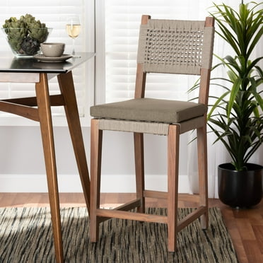 bali & pari Heyna Mid-Century Transitional Grey Woven Rope Mahogany Counter Stool