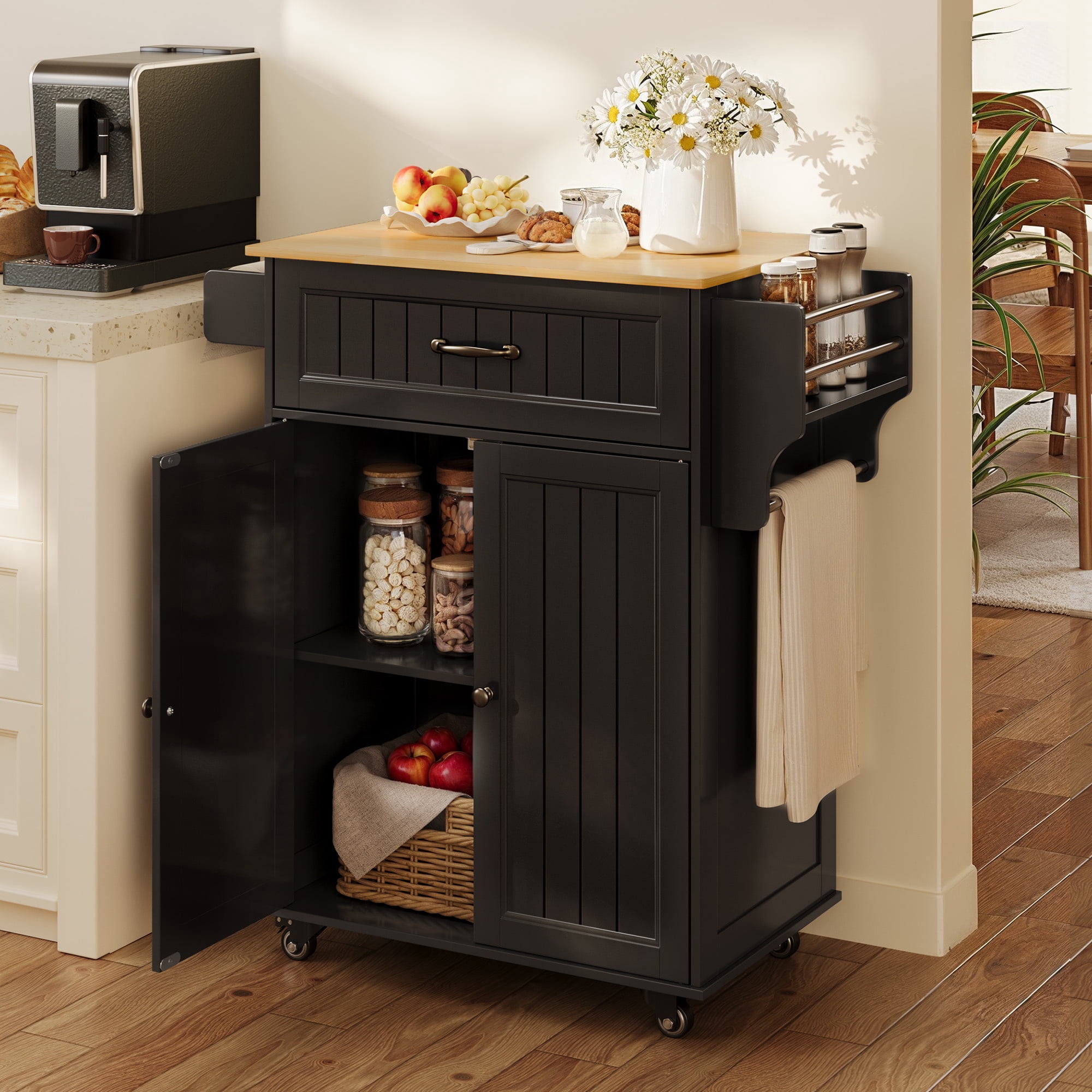 Asofer 33.6" Kitchen Island Cart with Storage, Adjustable Shelf & Drawer, for Dining Room, Black