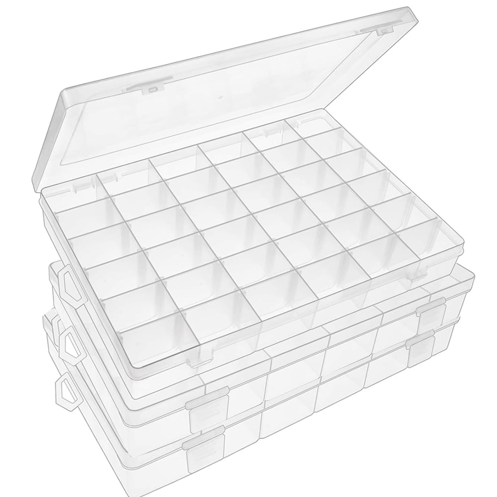 3-Pack Clear Plastic Jewelry Storage Boxes With Grids - Bead & Earring Organizer