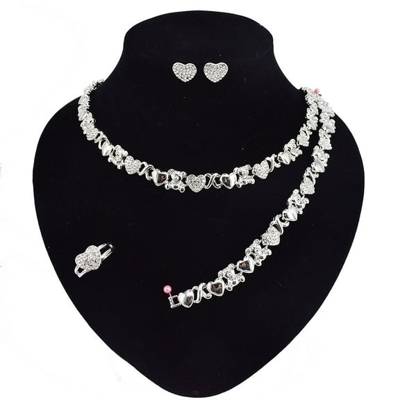 Women's Hugs & Kisses XOXO Teddy Bear Charm Necklace Set Includes Ring Bracelet & Earrings set 18k Layered Real Gold Plated (Silver)