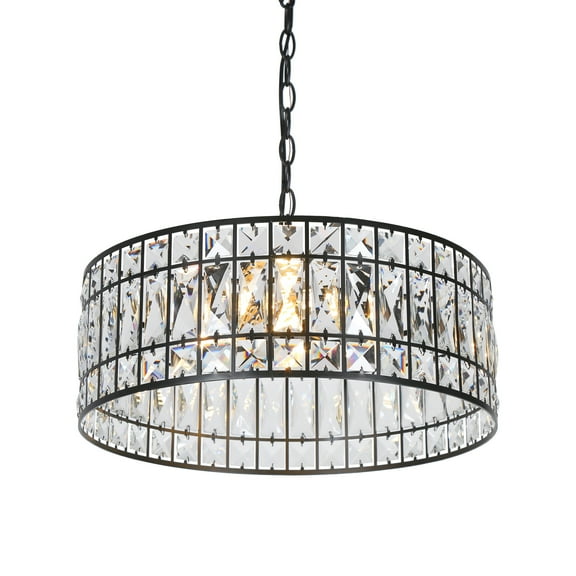 LNC 18" Modern Crystal Drum Chandelier with Matte Black Frame for Dining Room or Foyer