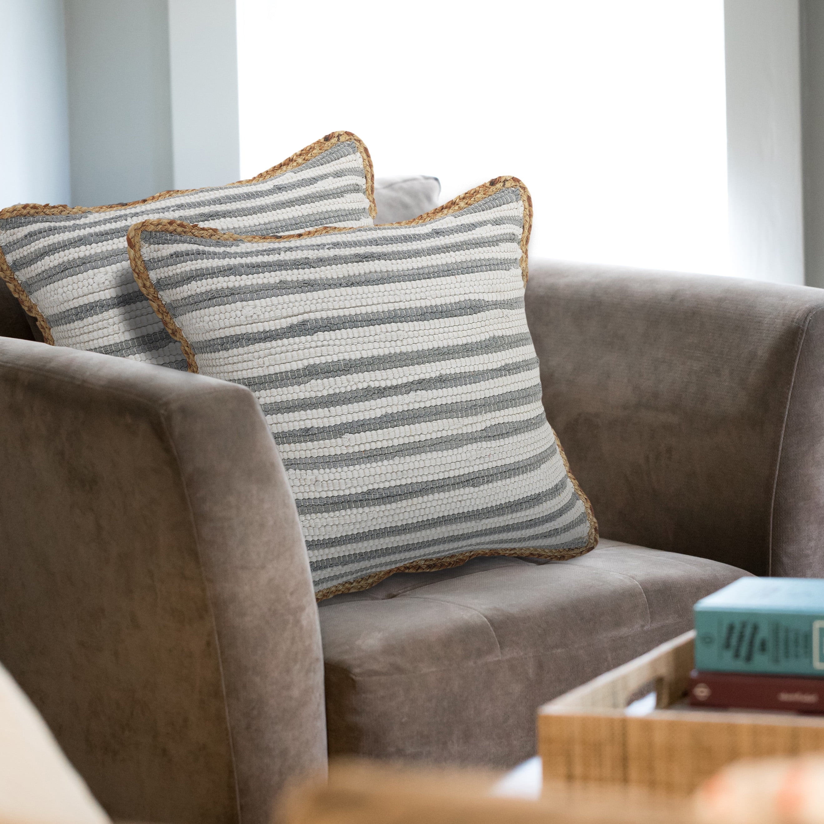 LR Home Ringo Set of 2 Gray/White 18" x 18" Jute Bordered Striped Cotton Blend Adult Decorative Throw Pillow Set