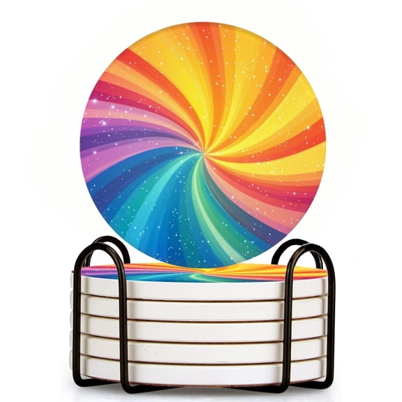 Brightly Colored Swirl With Stars Set of 6 Ceramic Coasters with Holder, Absorbent Drink Bar Coasters, Table Coasters for Living Room Decor Tabletop Protection