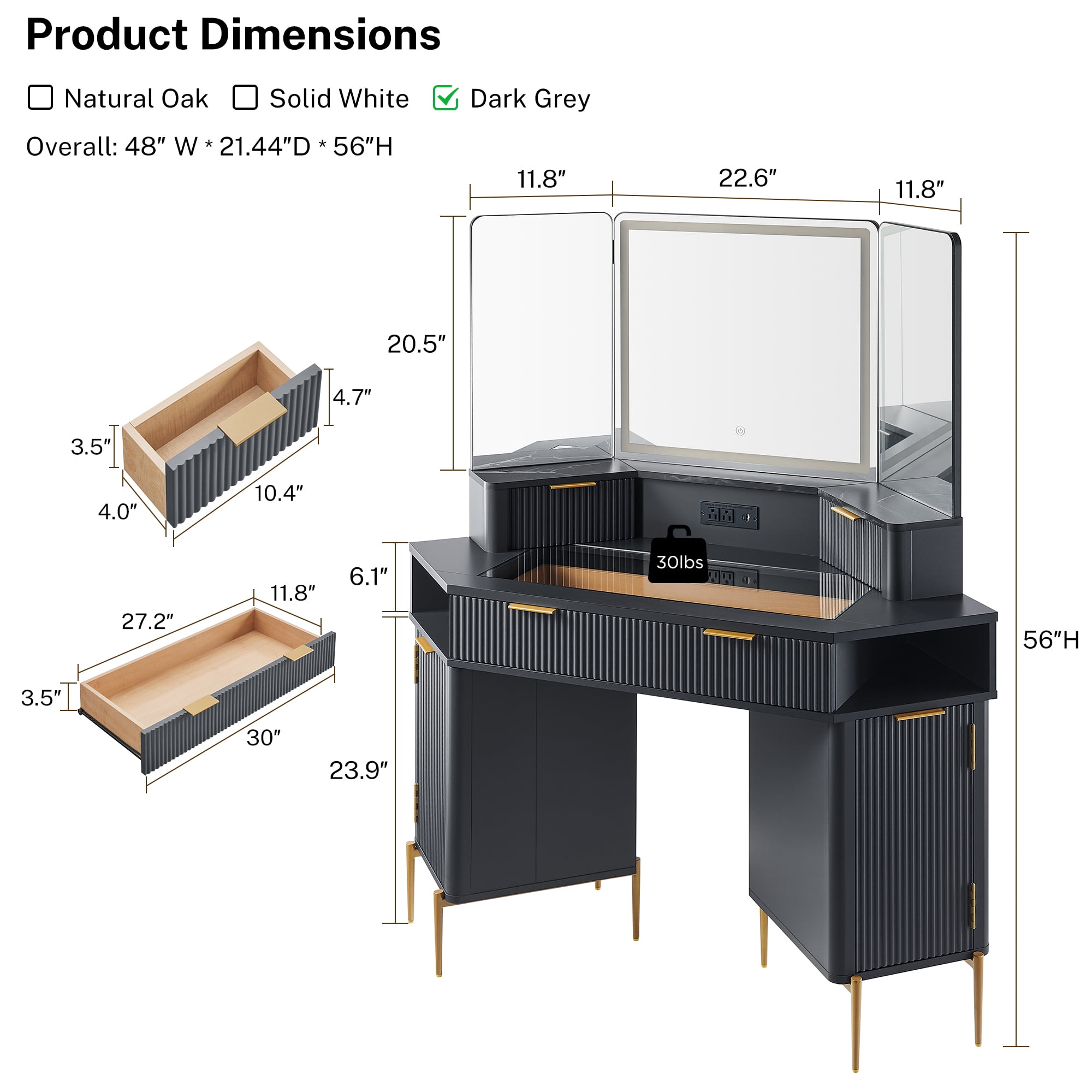 OKD 48" Fluted Makeup Vanity Desk with HD Triple Mirror and Lights, Modern Corner Vanity with 3 Drawers & 2 Cabin ets, Charging Station - Dark Grey