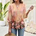 thumbnail image 3 of Bbyeadc Blouses for Women Casual 3/4 Length Sleeve Floral Print Tops V Neck Button Tee Classic Summer Pullover,Pink(L), 3 of 5