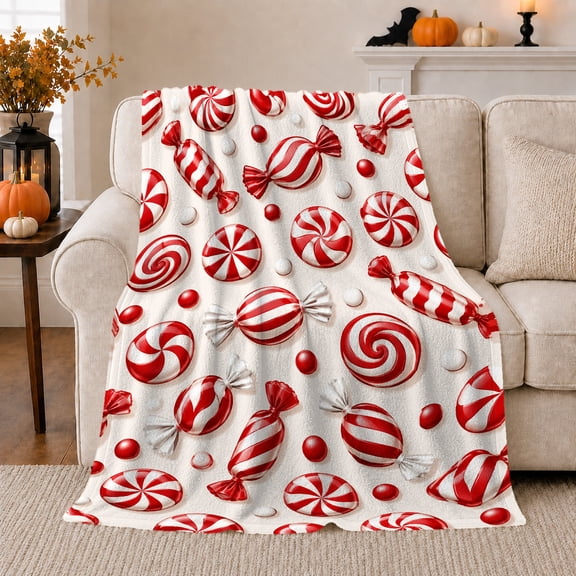 Christmas Candy Canes Peppermint Swirls Holiday Sweets Pattern, Festive Holiday Scene, Warm Flannel Blanket for Living Room and Reading Nook, Art Lovers Christmas Gift, Festive Home Decor