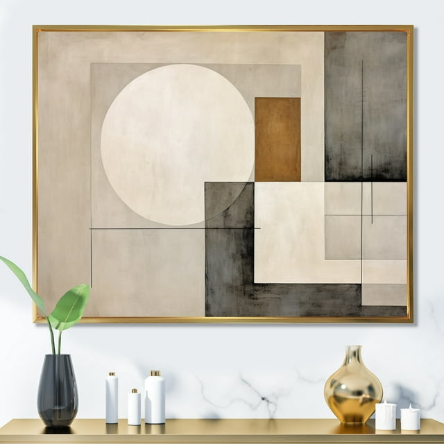 Designart Abstract Suprematism Oversized framed wall art decor, Abstract Suprematism framed wall Art, Harmonic Convergence Beige and Brown Suprematism , Beige Modern Gold framed wall art, Gold Frame