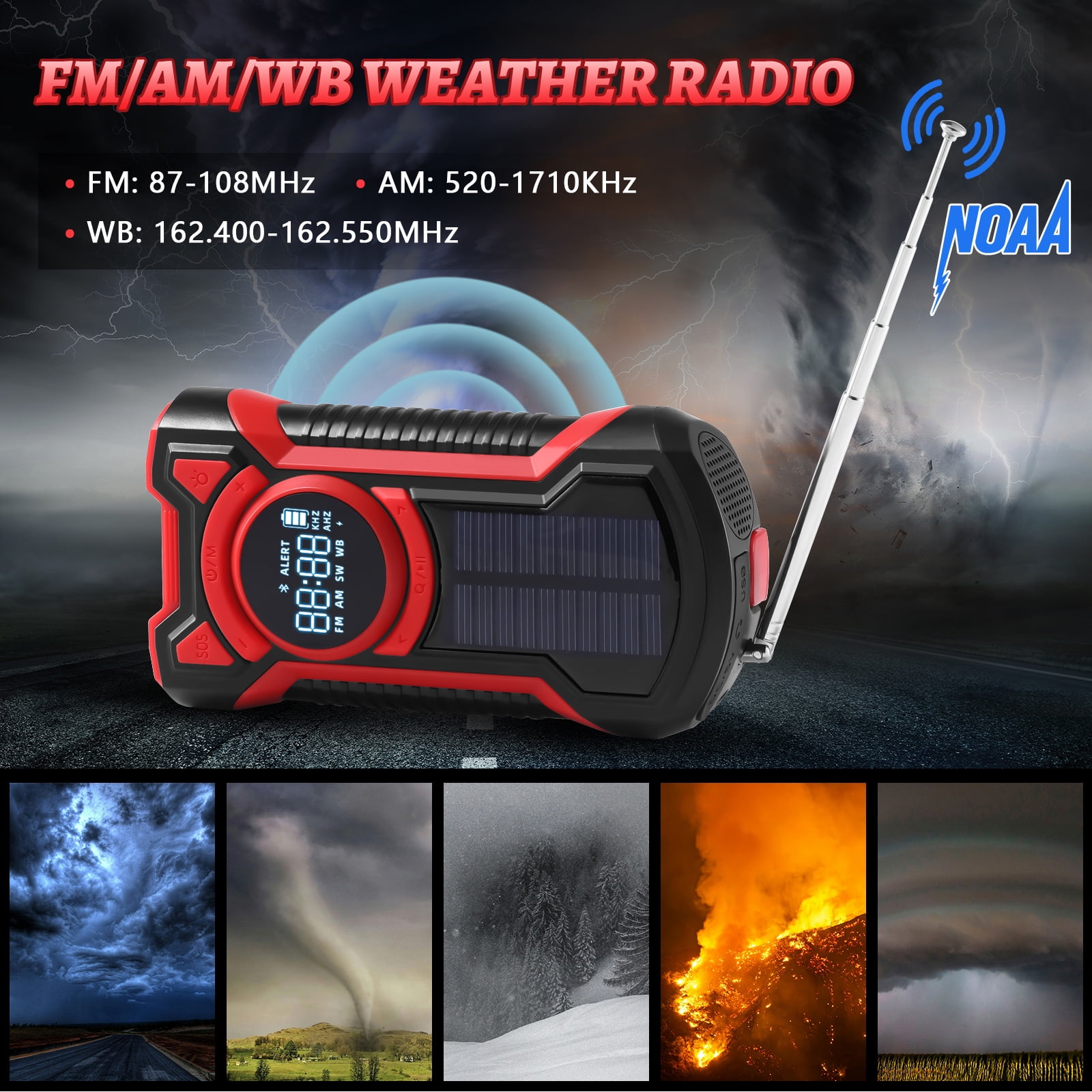 GEAK NOAA Weather Radio Solar Hand Crank Emergency Radio with Power Bank/SOS Alarm/Bluetooth Speaker/Flashlight for Home & Outdoor Hiking Camping Emergencies