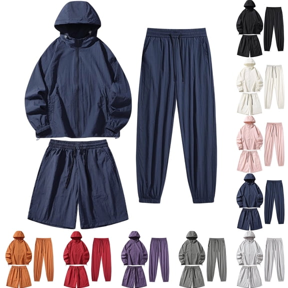 VBTAPA Sun Protection 3 Piece Sets for Men UPF 50 Long Sleeve Hoodie Shorts Pants Set Zip Up Windbreaker Jacket Matching Set Outdoor Hiking Athletic Running Outfit Gray L