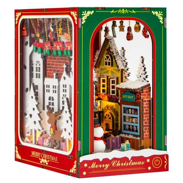 CUITING Book Nook Kit DIY Miniature Dollhouse Booknook Kit 3D Wood Puzzle Bookends Decorative DIY Dollhouse Booknook Beautiful Christmas Book Nook with LED Light for Ages 14+ Teens Adults