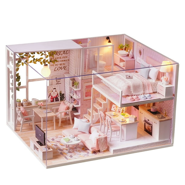 Kit de casa de muñecas de bricolaje en miniatura Loft Realista Mini habitación de casa de madera Irfora Con tapa-sin caja de música