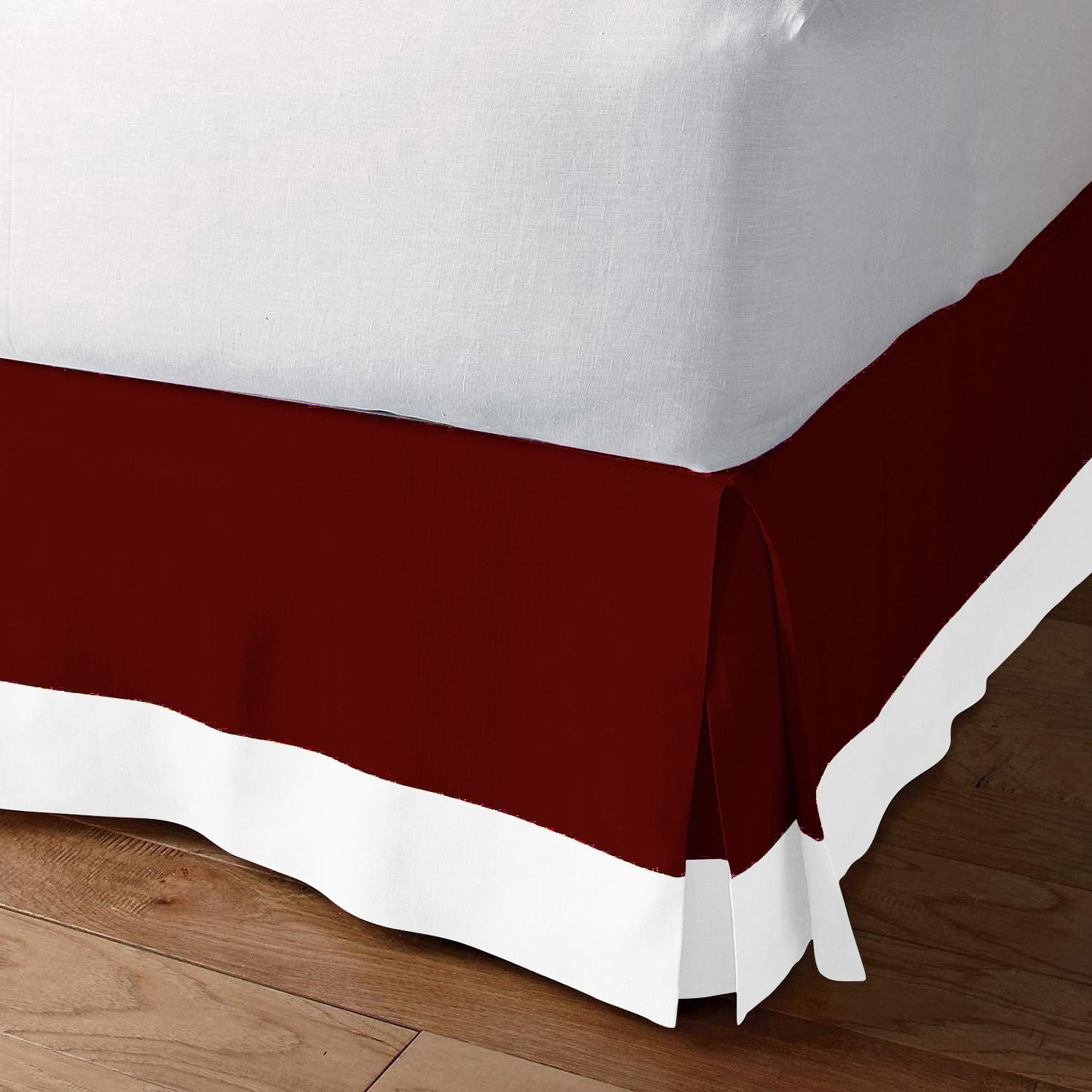 Luxury 1 Piece Split Corner Two Tone Tailored Bed Skirt, King Size 26 Inch Deep Pocket, 100% Egyptian Cotton, 800 Thread Count, Solid White/Burgundy Color.