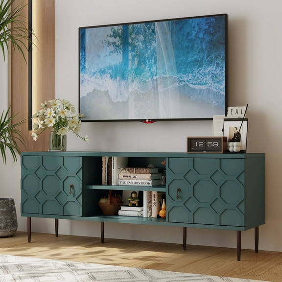 HLR Modern TV Stand for 70-in TV, Embossed Entertainment Center with Storage for Living Room, Green
