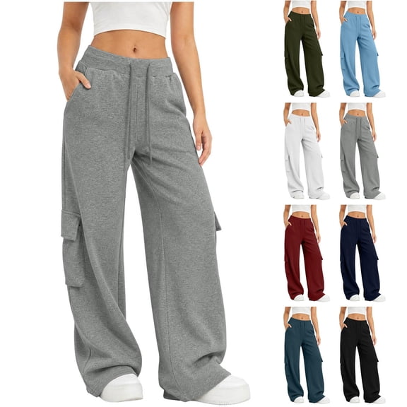 Nestiefly Women's Cargo Sweatpants High Waist Wide Leg Drawstring Baggy Fleece Lined Pants Casual Athletic Joggers with Pockets Dark Blue S