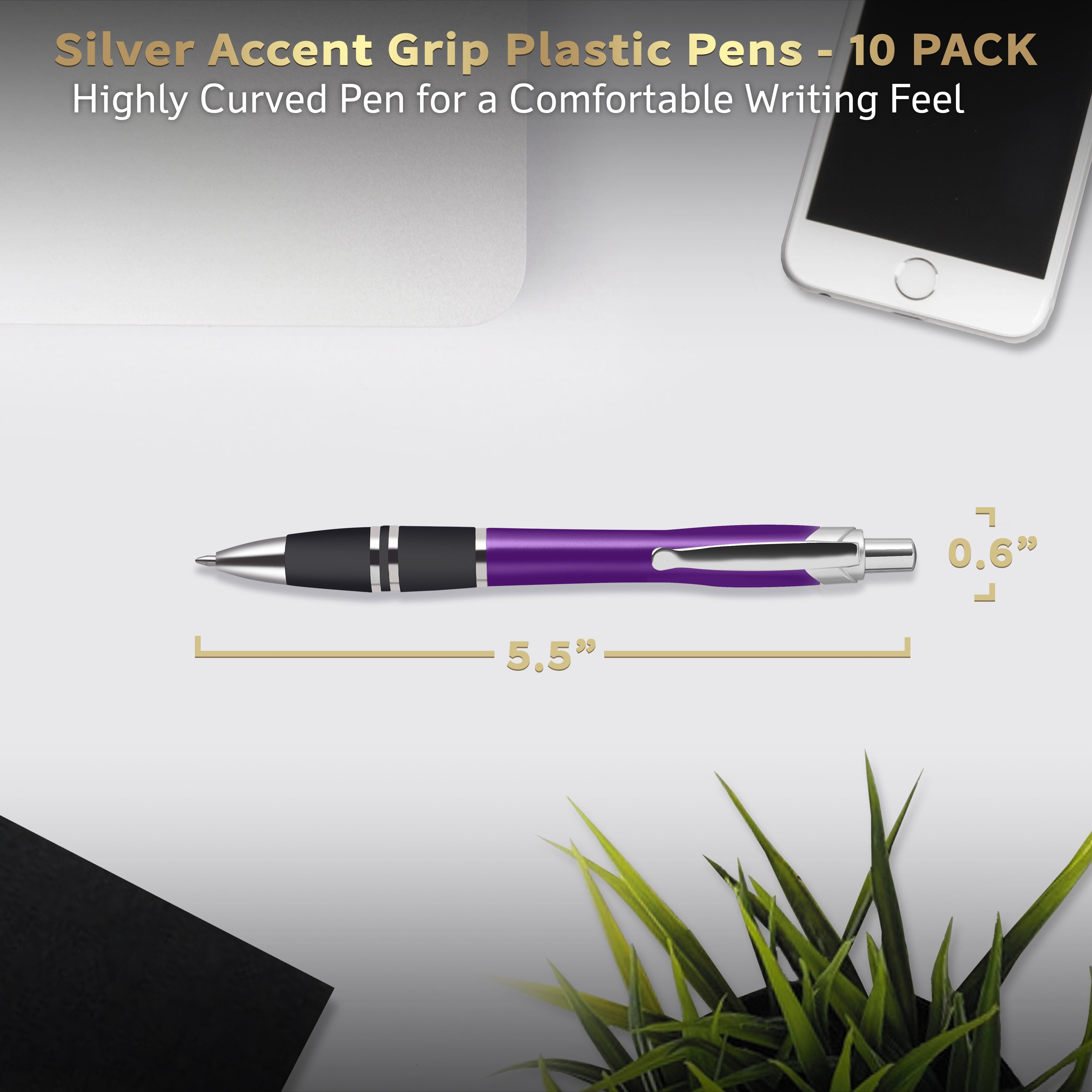10 Silver Accent Grip Plastic Pens Pack - Click action, Rubber Grip - Purple