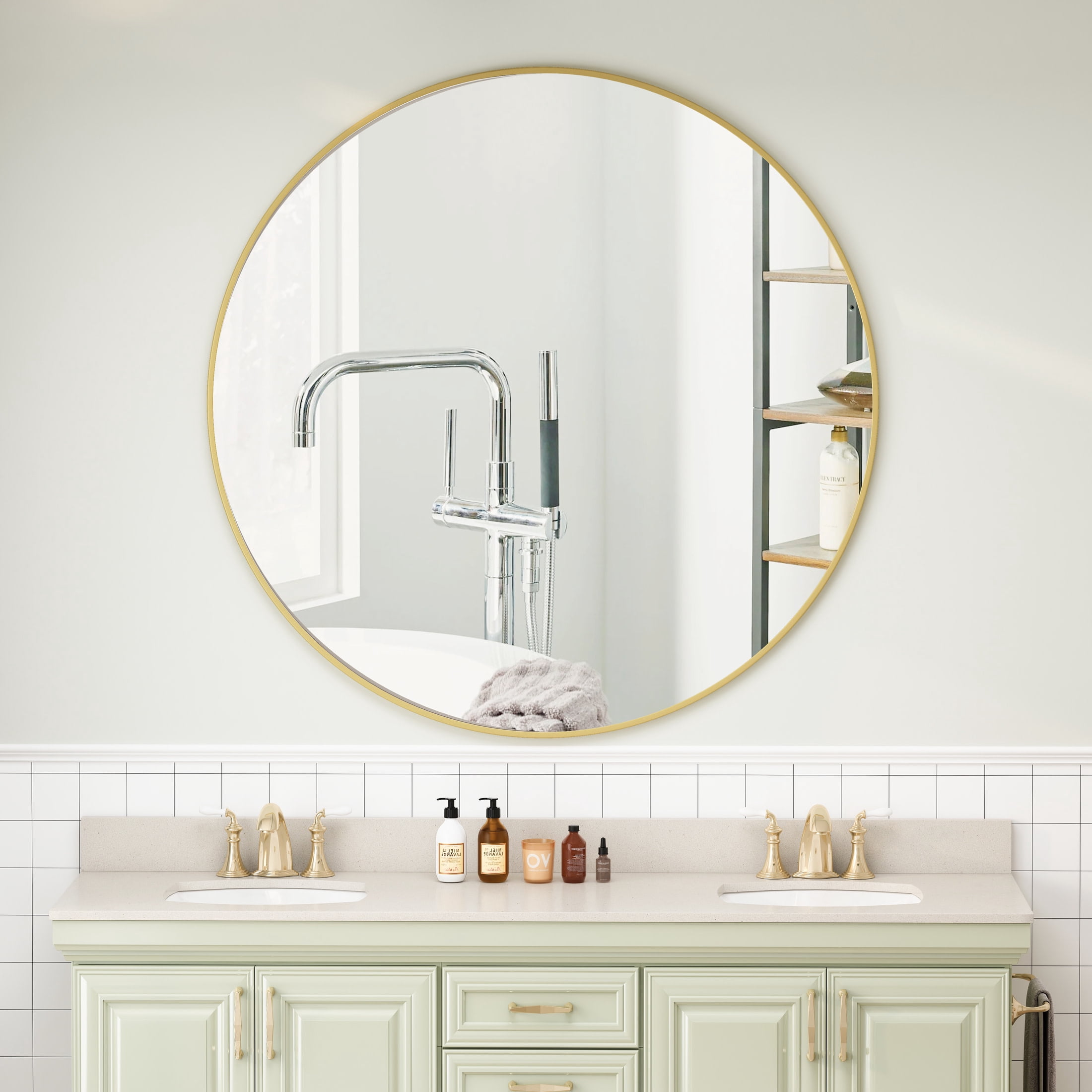 Noble House 42" Round Metal Wall Mirror, Modern Circular Vanity & Decorative Mirror for Bathroom & Bedroom, Gold