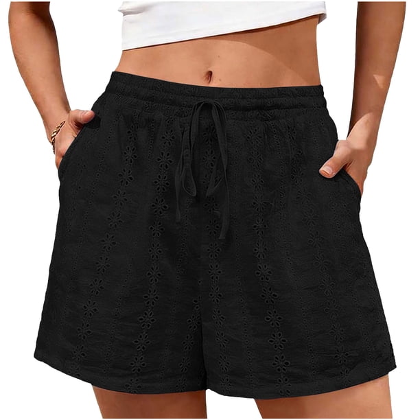 Pantalones Cortos de Cintura Elástica de las Mujeres con Bolsillos Ojos Sueltos Bottoms de Verano de Doble Bolsillo Casual para Uso Diario